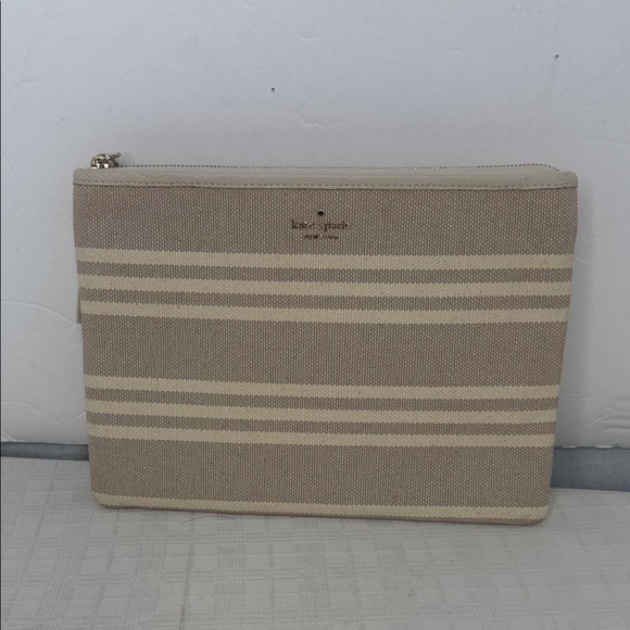 NEW Kate Spade Gia Larchmont Avenue Fabric Stripe Pouch Clutch Beige - Picture 1 of 11